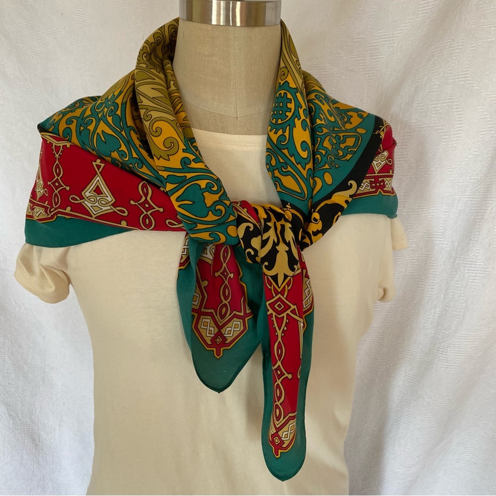 Louis Feraud Paris silk scarf green, wine red,  gold